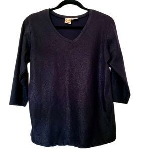 Goldie Womens Metallic V-Neck Pullover Top in Black Gold Stretch Knit 3/4 Sleeve